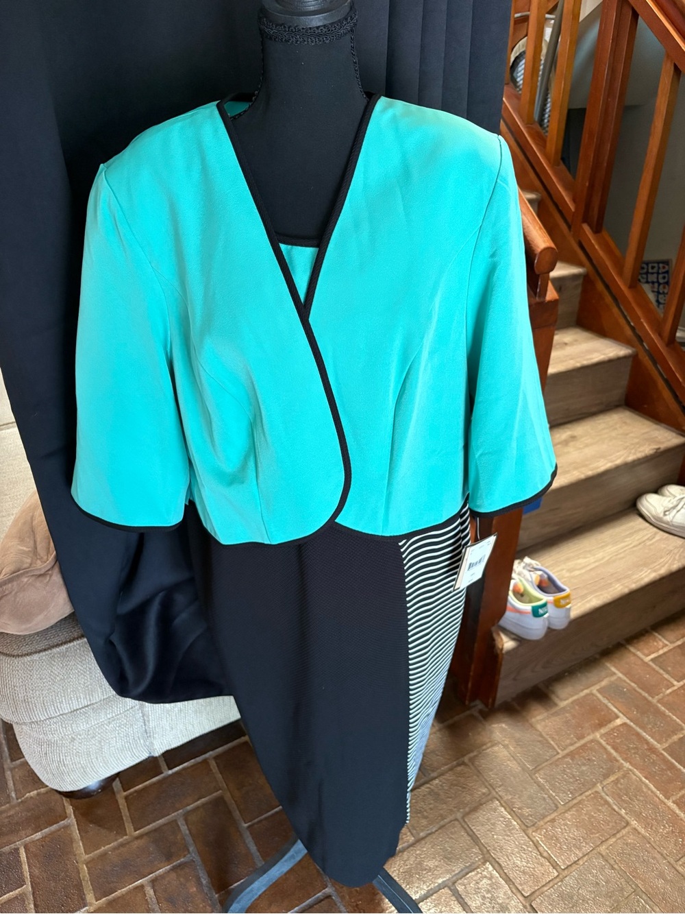 Teal and Black Two-Piece Style Women's Dress with Cropped Jacket